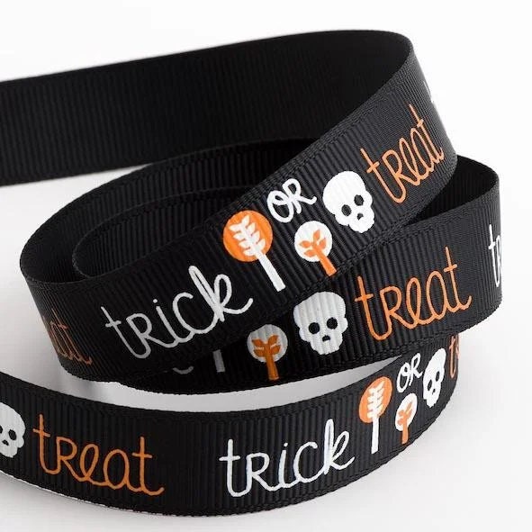 Halloween Grosgrain Ribbon Craft |  Black Pumpkin Orange Happy Halloween Trick or Treat Ghost | 9mm or 16mm x 5m Full Roll - SweetpeaStore