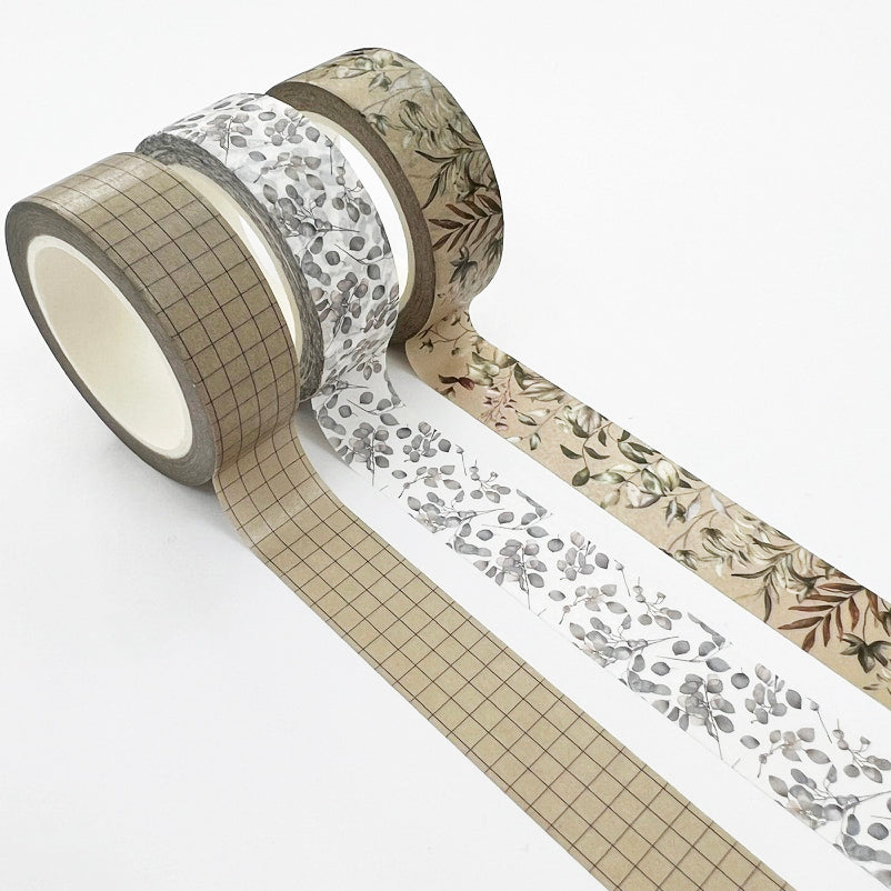 Foliage & Grid Washi Tape | Set Of Three | 15mm x 10m | Journalling Scrapbook Planner - SweetpeaStore