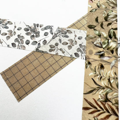 Foliage & Grid Washi Tape | Set Of Three | 15mm x 10m | Journalling Scrapbook Planner - SweetpeaStore