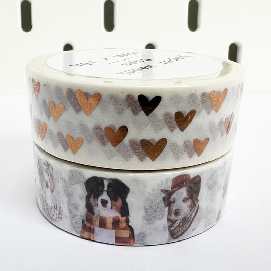 Puppy Love Paper Washi Tape Set | Cute Dogs | Rose Gold Hearts | 15mm x 10m Rolls | Journalling Scrapbook Planner - SweetpeaStore