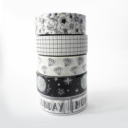 Washi Tape Set Of 5 | Paper Tape Journal Planner Kit | Black & White | 5 x 1.5cm x 10m Rolls - SweetpeaStore