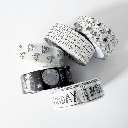 Washi Tape Set Of 5 | Paper Tape Journal Planner Kit | Black & White | 5 x 1.5cm x 10m Rolls - SweetpeaStore