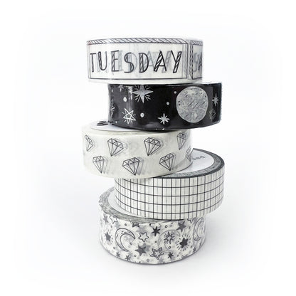 Washi Tape Set Of 5 | Paper Tape Journal Planner Kit | Black & White | 5 x 1.5cm x 10m Rolls - SweetpeaStore