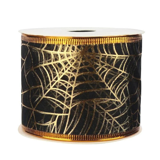 Wired Halloween Ribbon | Spider Web Black Orange Foiled Bow Wreath 63mm x 10m - SweetpeaStore