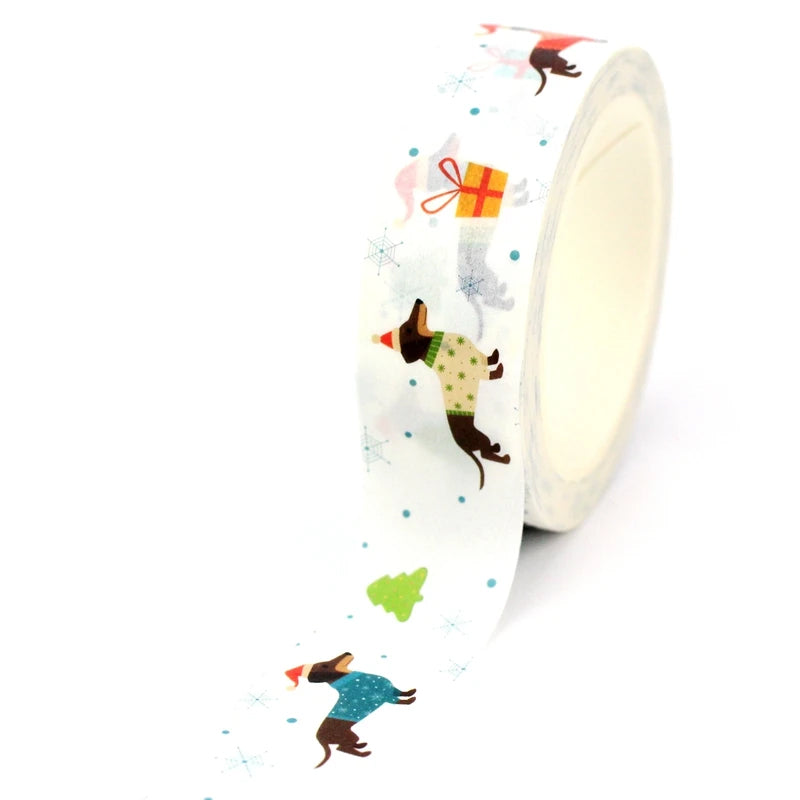 Christmas Dogs Washi Tape | Cute Dachshund Santa Hat | 15mm x 10m | Wrapping - SweetpeaStore