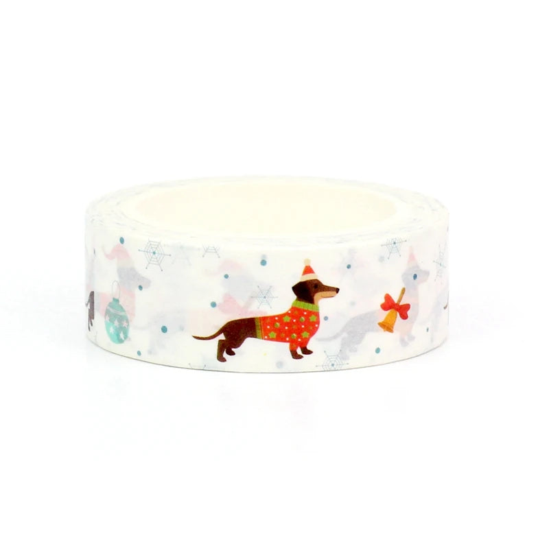 Christmas Dogs Washi Tape | Cute Dachshund Santa Hat | 15mm x 10m | Wrapping - SweetpeaStore