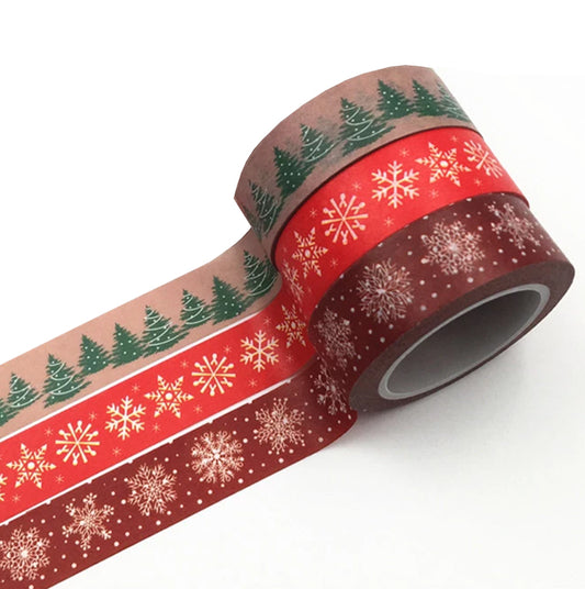 Christmas Washi Tape | Red White Snowflakes Christmas Trees 15mm x 10m | Set 3