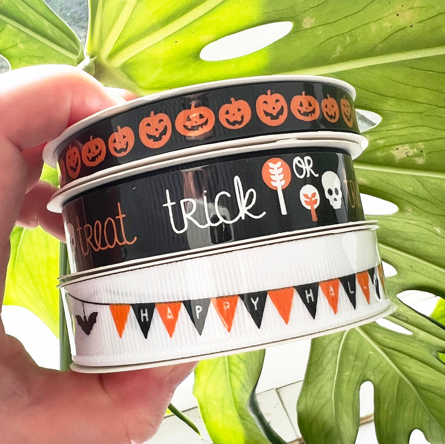 Halloween Grosgrain Ribbon Craft |  Black Pumpkin Orange Happy Halloween Trick or Treat Ghost | 9mm or 16mm x 5m Full Roll - SweetpeaStore