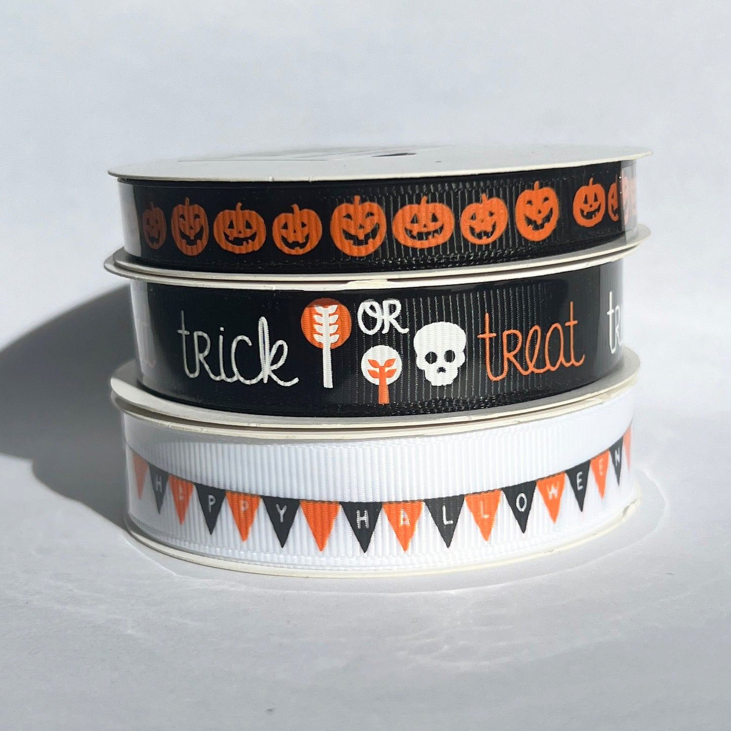 Halloween Grosgrain Ribbon Craft |  Black Pumpkin Orange Happy Halloween Trick or Treat Ghost | 9mm or 16mm x 5m Full Roll - SweetpeaStore