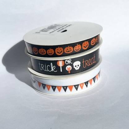 Halloween Grosgrain Ribbon Craft |  Black Pumpkin Orange Happy Halloween Trick or Treat Ghost | 9mm or 16mm x 5m Full Roll - SweetpeaStore