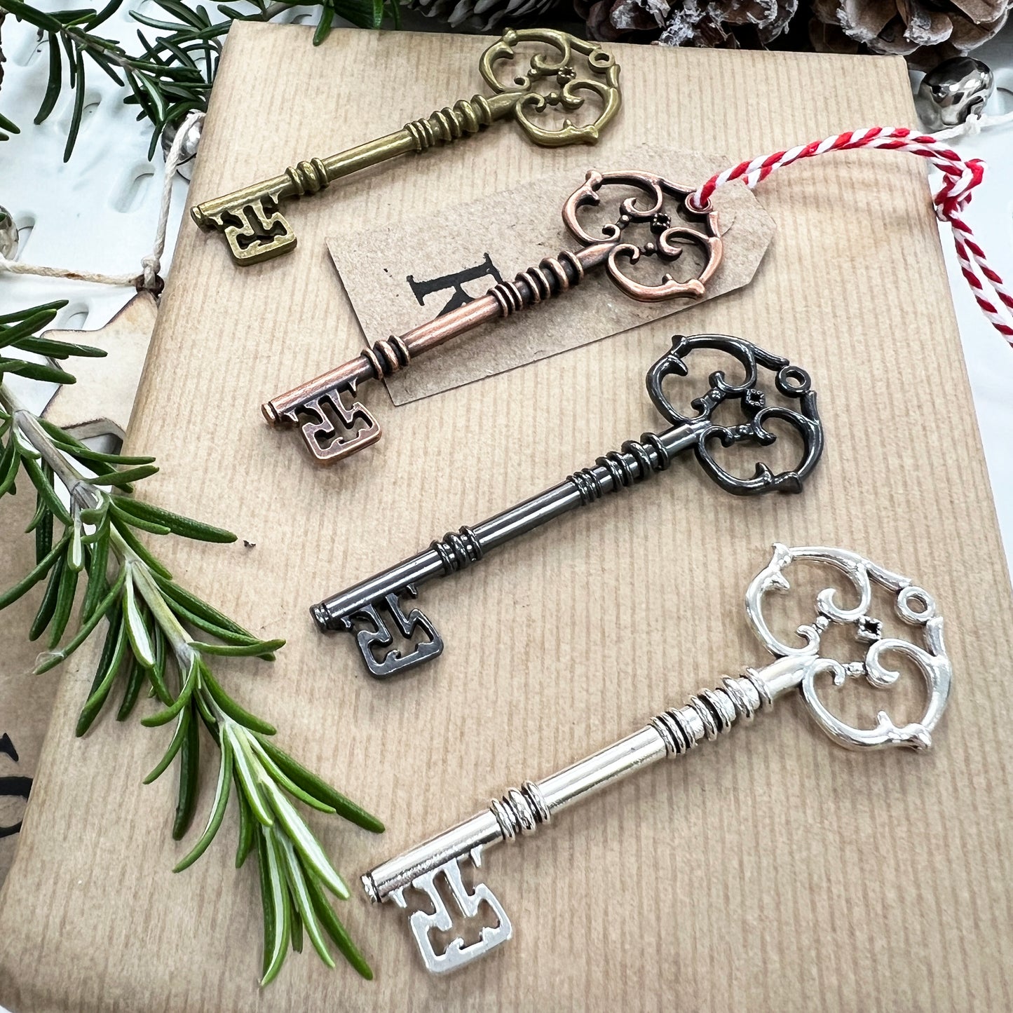 Metal Key Charm | Gold Silver Copper Gunmetal Grey 3cm x 8cm Vintage Santa Key - SweetpeaStore