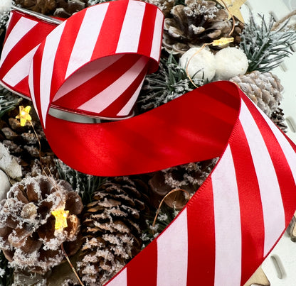 Red & White Stripe Ribbon Candy Cane Satin 38mm | Wrapping Craft Decorations | Per Metre or Full 25m Roll - SweetpeaStore