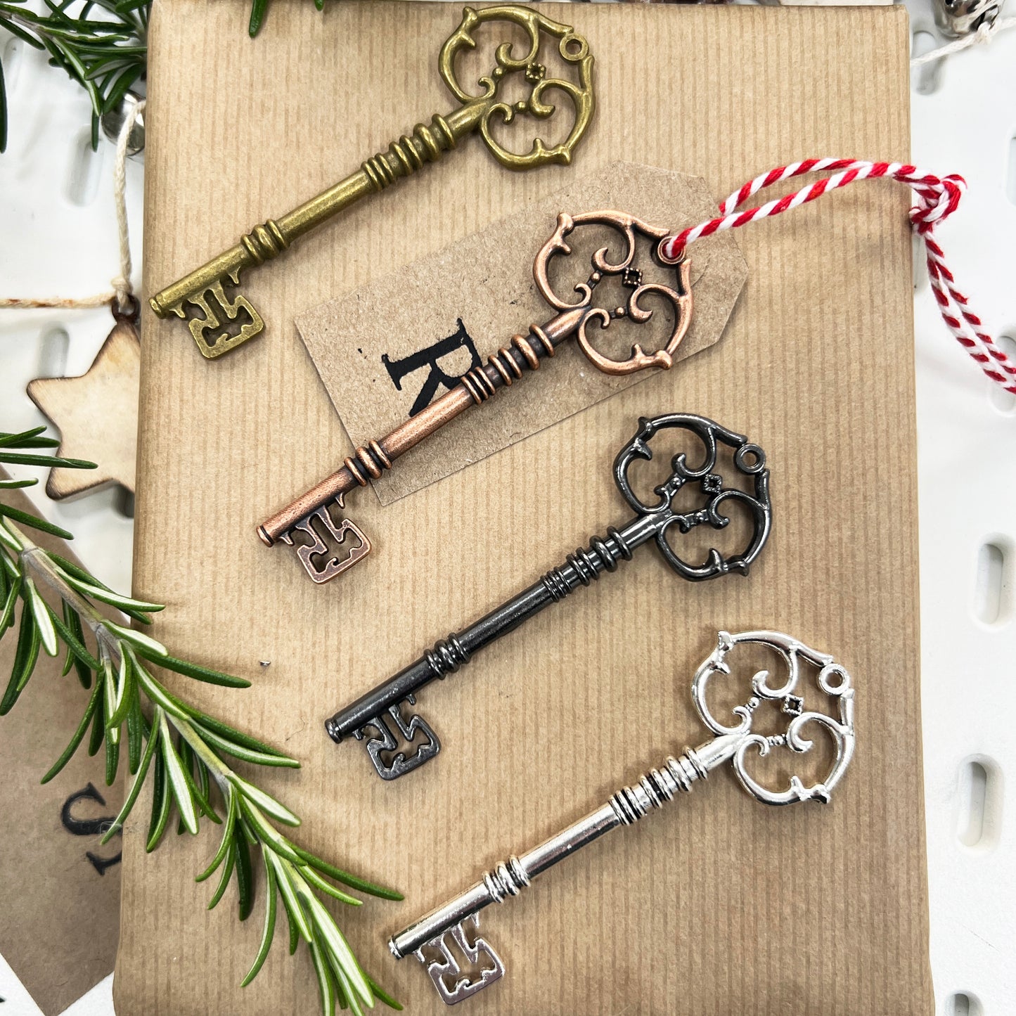 Metal Key Charm | Gold Silver Copper Gunmetal Grey 3cm x 8cm Vintage Santa Key - SweetpeaStore