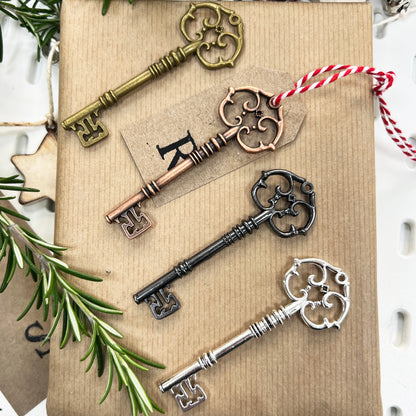 Metal Key Charm | Gold Silver Copper Gunmetal Grey 3cm x 8cm Vintage Santa Key - SweetpeaStore
