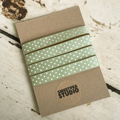 Spot Grosgrain Ribbon | Sage Green 16mm Polka Dot Spot | 1m 25m Roll