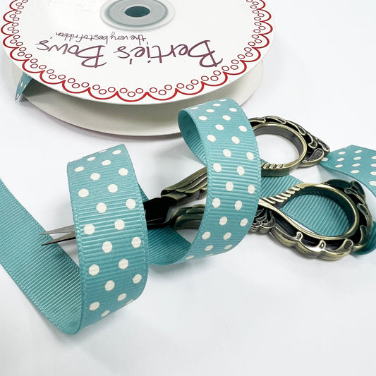 Spot Grosgrain Ribbon | Vintage Blue 16mm Polka Dot Spot | 1m 25m Roll - SweetpeaStore