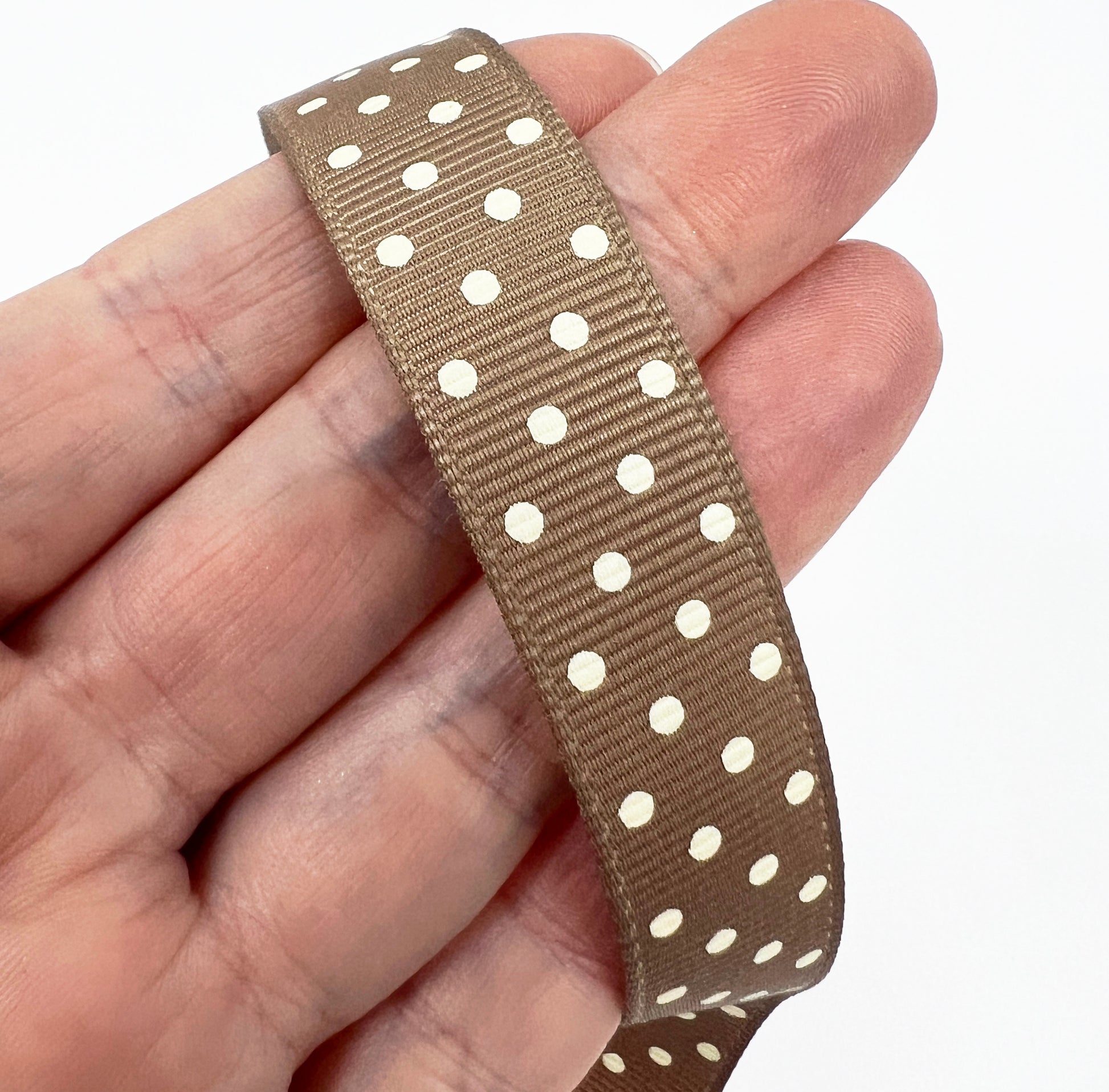 Spot Grosgrain Ribbon | Brown 16mm Polka Dot Spot | 1m 25m Roll - SweetpeaStore