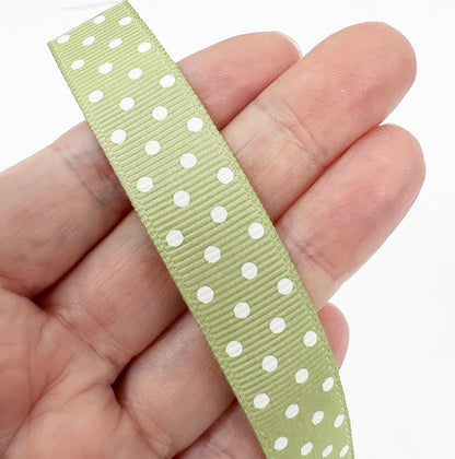 Spot Grosgrain Ribbon | Sage Green 16mm Polka Dot Spot | 1m 25m Roll - SweetpeaStore