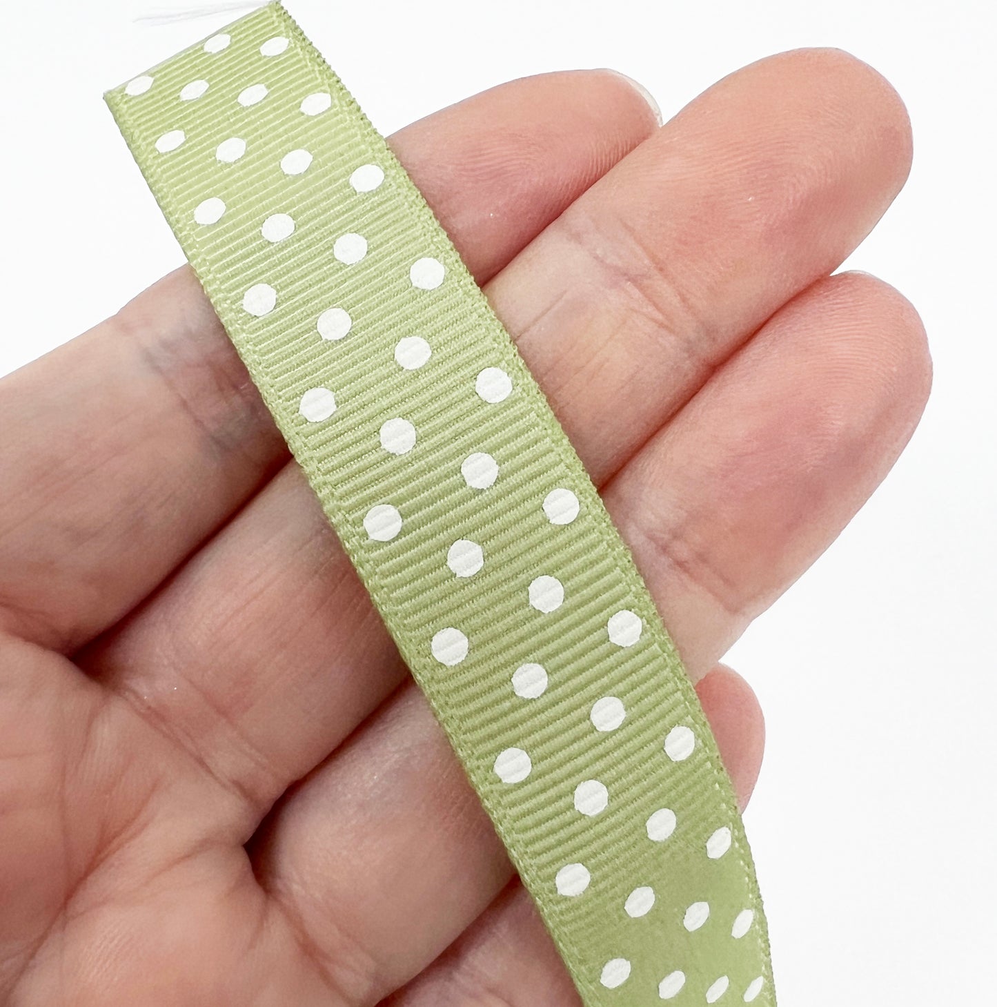 Spot Grosgrain Ribbon | Sage Green 16mm Polka Dot Spot | 1m 25m Roll