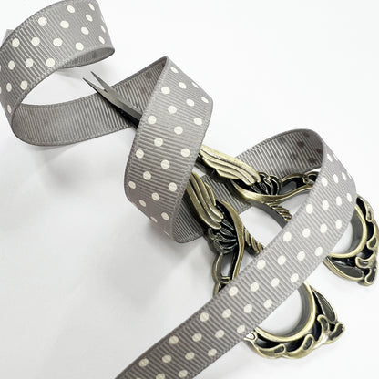 Spot Grosgrain Ribbon | Grey 16mm Polka Dot Spot | 1m 25m Roll - SweetpeaStore