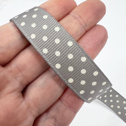 Spot Grosgrain Ribbon | Grey 16mm Polka Dot Spot | 1m 25m Roll - SweetpeaStore