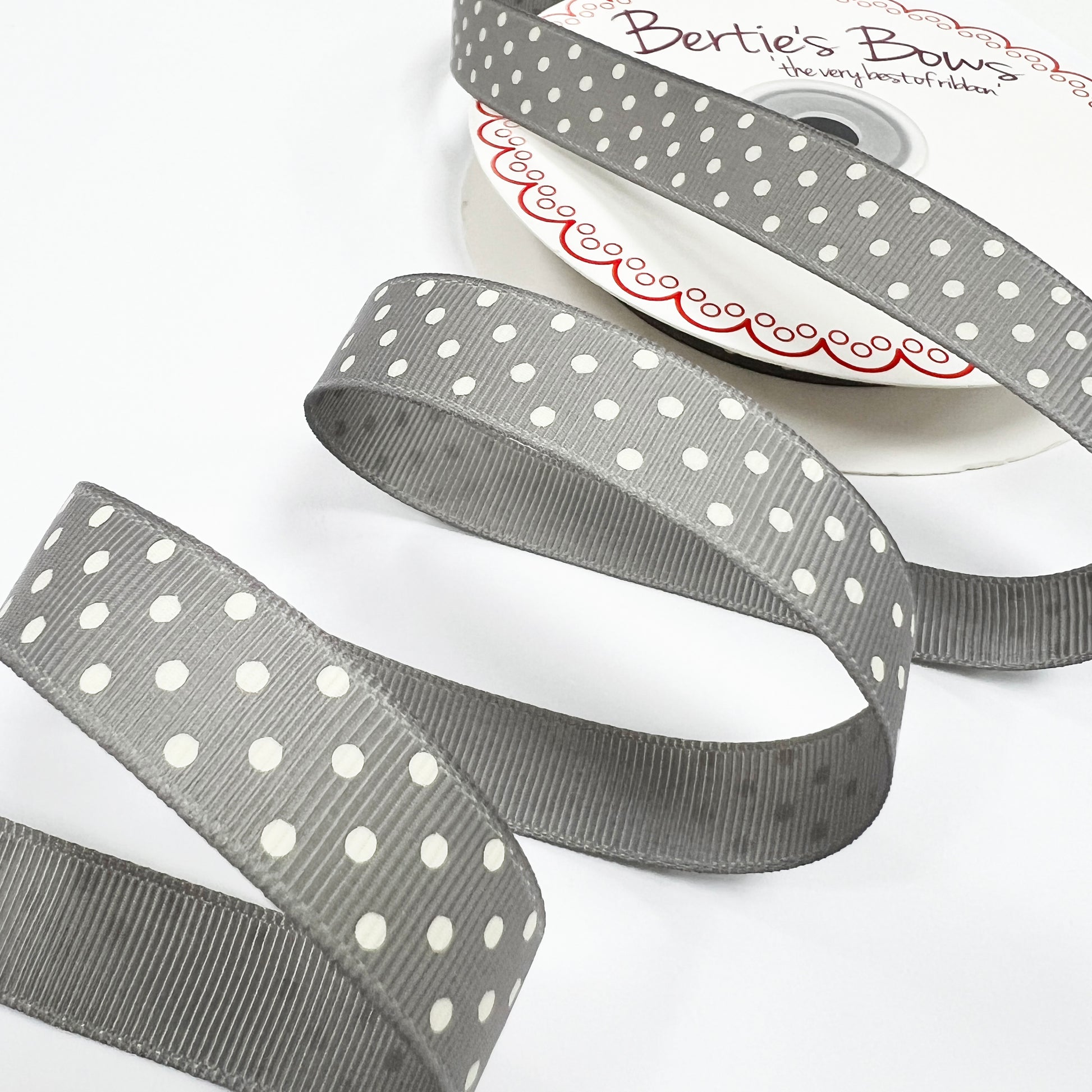 Spot Grosgrain Ribbon | Grey 16mm Polka Dot Spot | 1m 25m Roll - SweetpeaStore