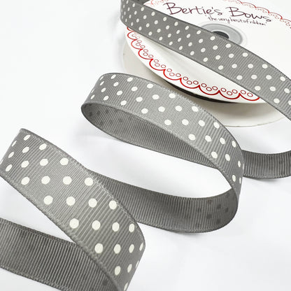 Spot Grosgrain Ribbon | Grey 16mm Polka Dot Spot | 1m 25m Roll - SweetpeaStore