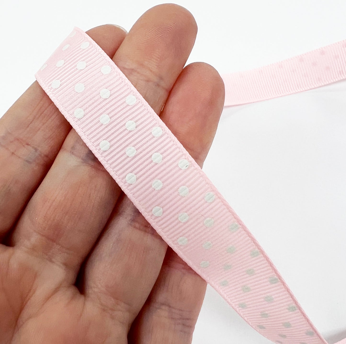 Spot Grosgrain Ribbon | Baby Pink 16mm Polka Dot Spot | 1m 25m Roll - SweetpeaStore