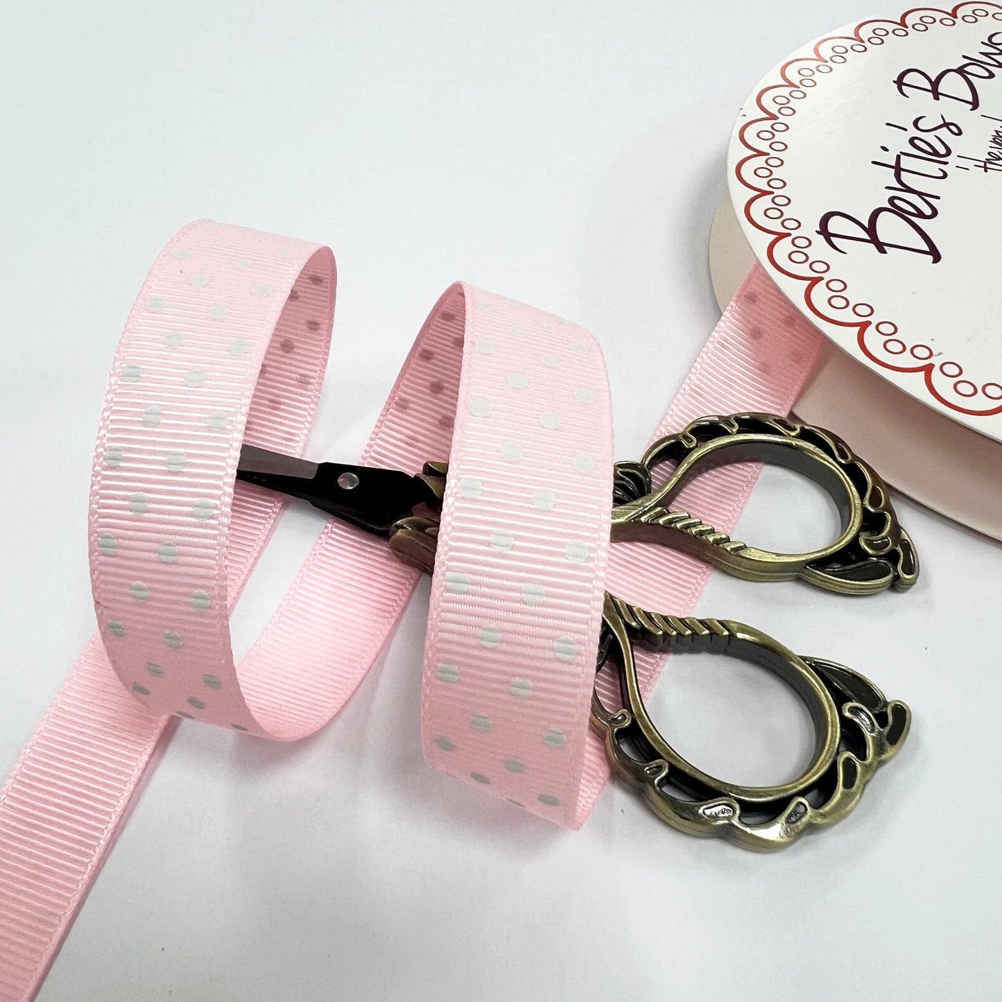 Spot Grosgrain Ribbon | Baby Pink 16mm Polka Dot Spot | 1m 25m Roll - SweetpeaStore