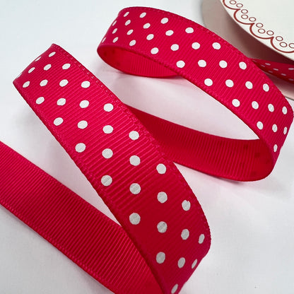 Spot Grosgrain Ribbon | Hot Pink 16mm Polka Dot Spot | 1m 25m Roll | Valentine's Day - SweetpeaStore