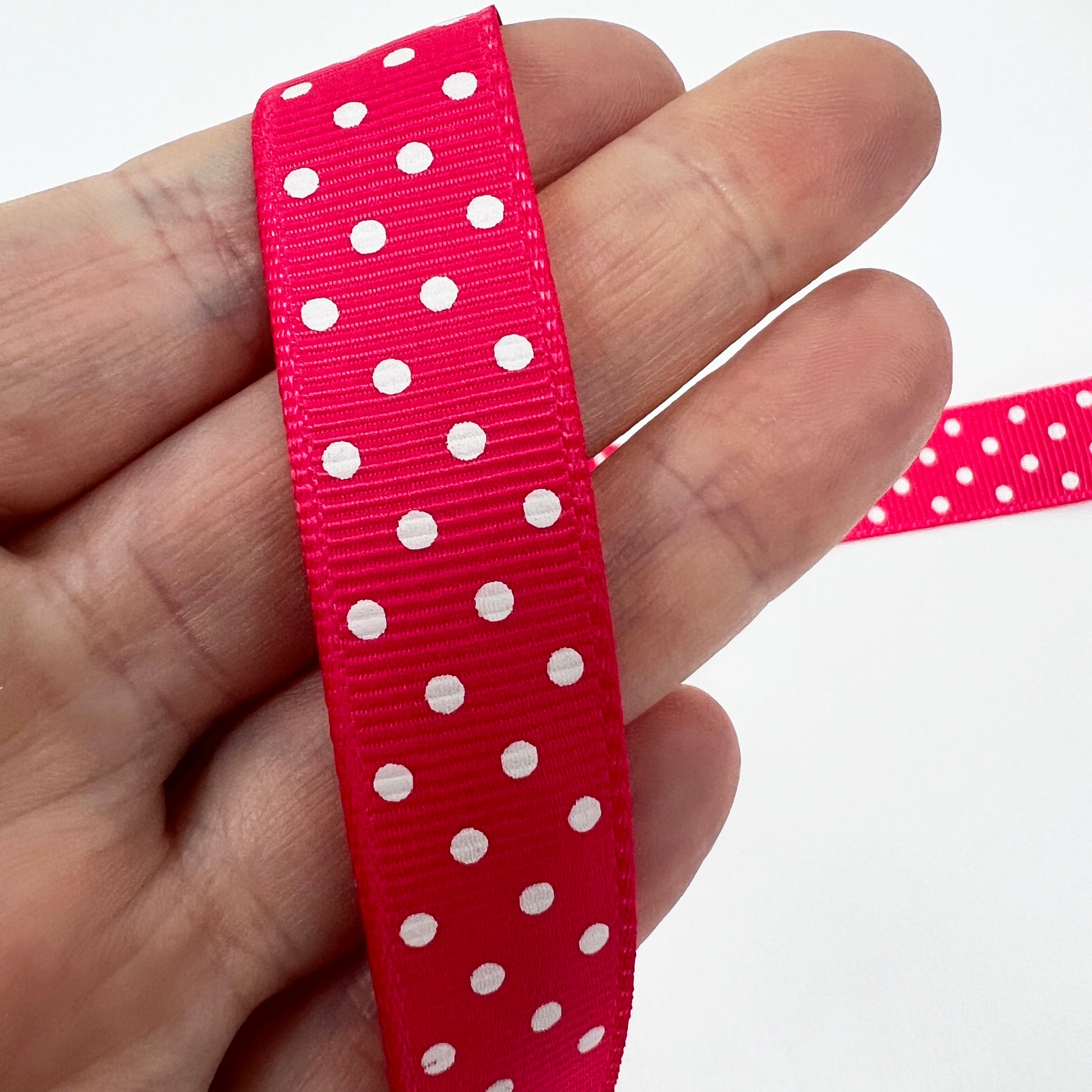 Spot Grosgrain Ribbon | Hot Pink 16mm Polka Dot Spot | 1m 25m Roll | Valentine's Day - SweetpeaStore