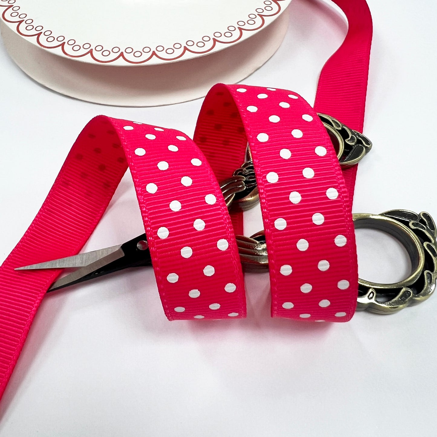 Spot Grosgrain Ribbon | Hot Pink 16mm Polka Dot Spot | 1m 25m Roll | Valentine's Day - SweetpeaStore