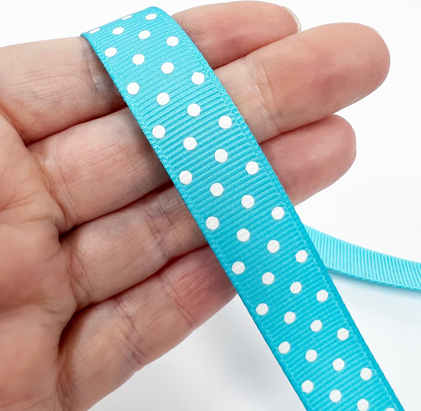 Spot Grosgrain Ribbon |Turquoise Blue 16mm Polka Dot Spot | 1m 25m Roll - SweetpeaStore