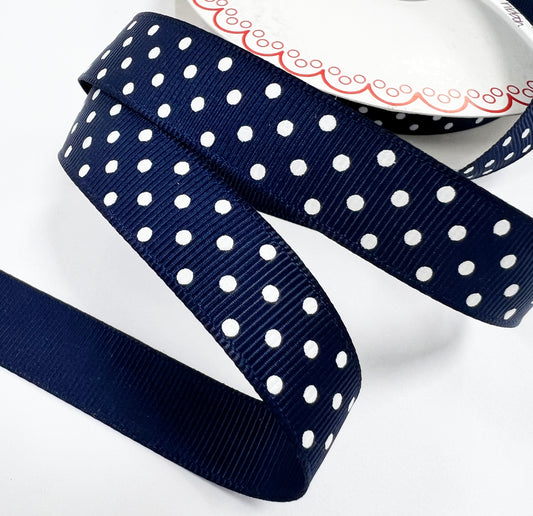 Spot Grosgrain Ribbon | Navy Blue 16mm Polka Dot Spot | 1m 25m Roll - SweetpeaStore