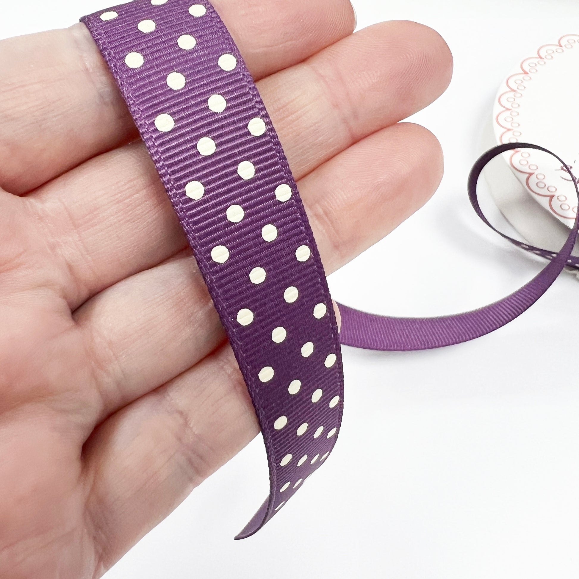 Spot Grosgrain Ribbon | Purple 16mm Polka Dot Spot | 1m 25m Roll - SweetpeaStore