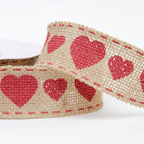 38mm Hessian Jute Burlap Red Heart Ribbon - SweetpeaStore