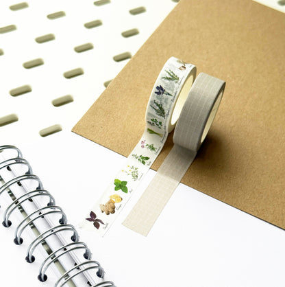Washi Tape Garden Herbs & Neutral Grid | Journalling | 1.5cm x 10m - SweetpeaStore