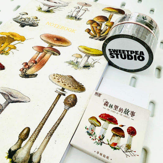 Autumn Gift Set | Lined Notebook | 2 Washi tapes | Set of 46 Mini Box Stickers | Vintage Mushrooms Pumpkin Acorn - SweetpeaStore