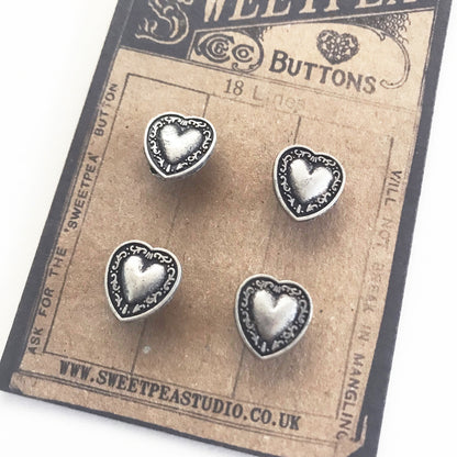 4 Silver Metal Small Heart Buttons - 12mm - SweetpeaStore