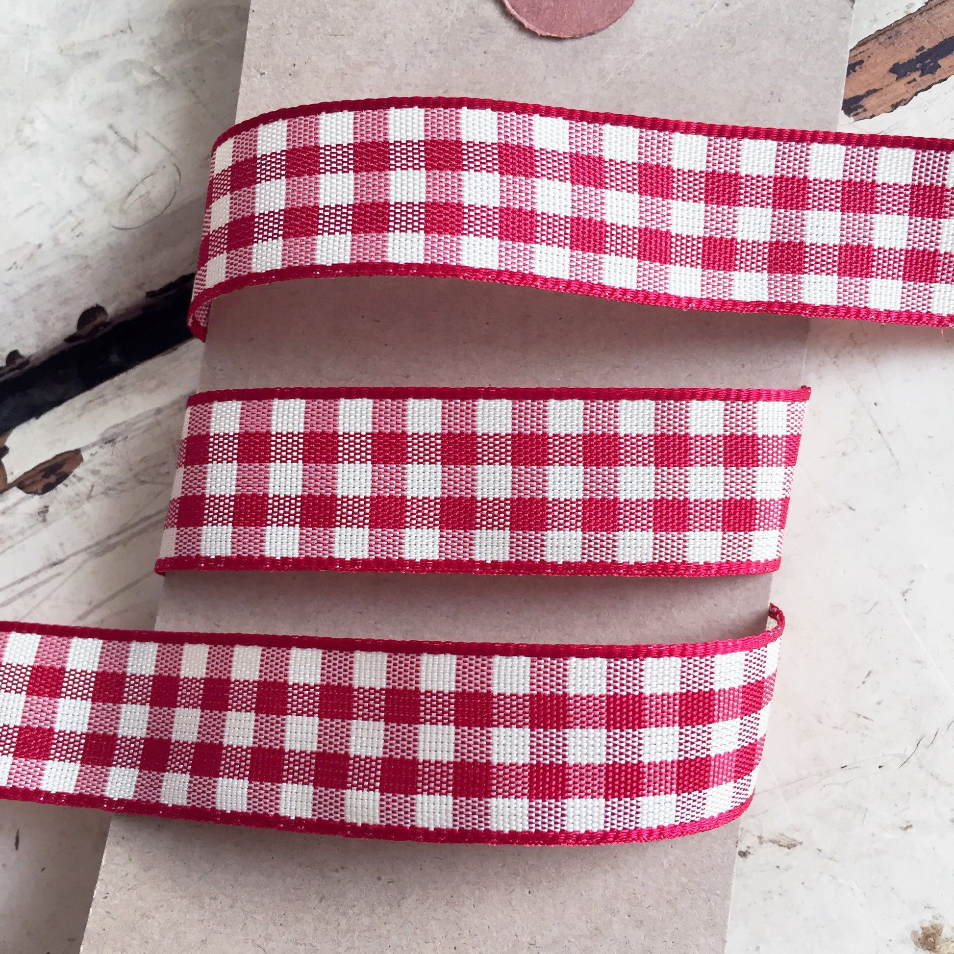 15mm Red & Cream Rustic Gingham Check Polyester Ribbon - SweetpeaStore
