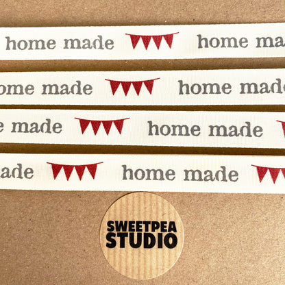 Home Made Grey Red Cream Printed Ribbon 15mm - SweetpeaStore