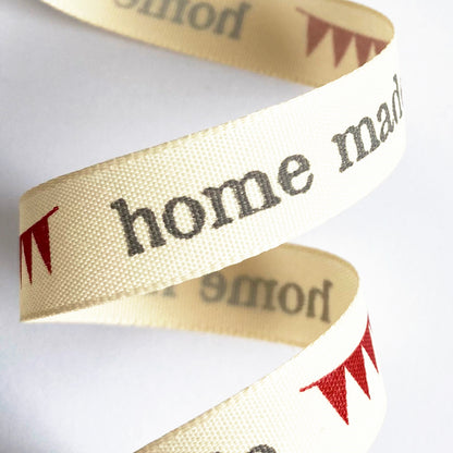 Home Made Grey Red Cream Printed Ribbon 15mm - SweetpeaStore