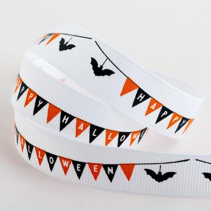 16mm x 5m White Happy Halloween White Grosgrain Ribbon  - SweetpeaStore