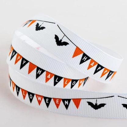16mm x 5m White Happy Halloween White Grosgrain Ribbon  - SweetpeaStore