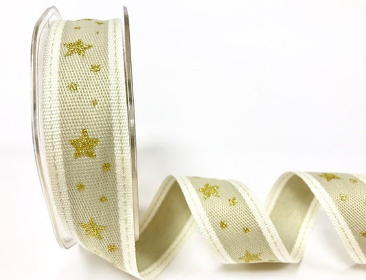 25mm Gold & Cream Stitched Edge Gold Metallic Star Print Christmas Ribbon - SweetpeaStore