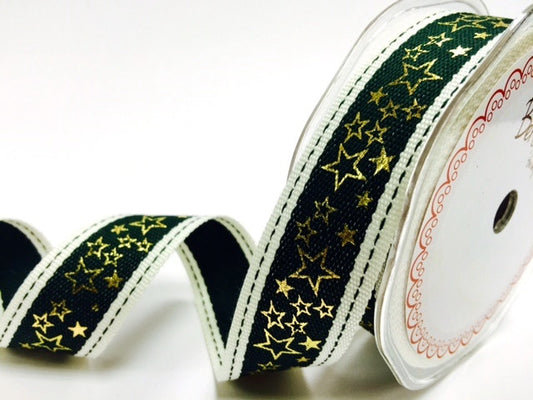 25mm Gold & Green Stitched Edge Gold Metallic Star Print Christmas Ribbon - SweetpeaStore