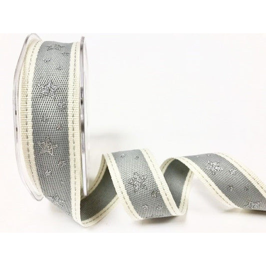 25mm Grey & White Stitched Edge Silver Star Print Christmas Ribbon - SweetpeaStore