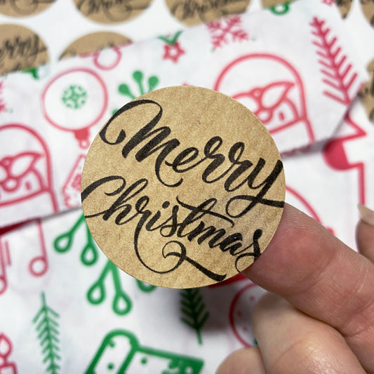 Merry Christmas Sticker Sheet - Brown Kraft Paper 37mm - SweetpeaStore