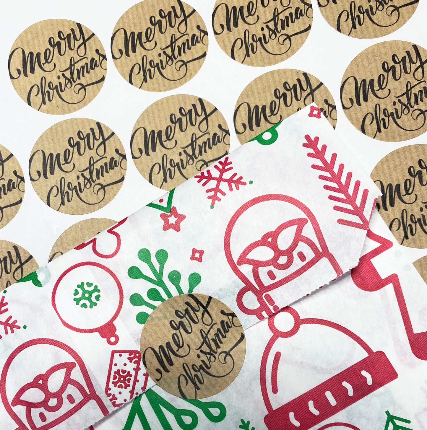 Merry Christmas Sticker Sheet - Brown Kraft Paper 37mm - SweetpeaStore