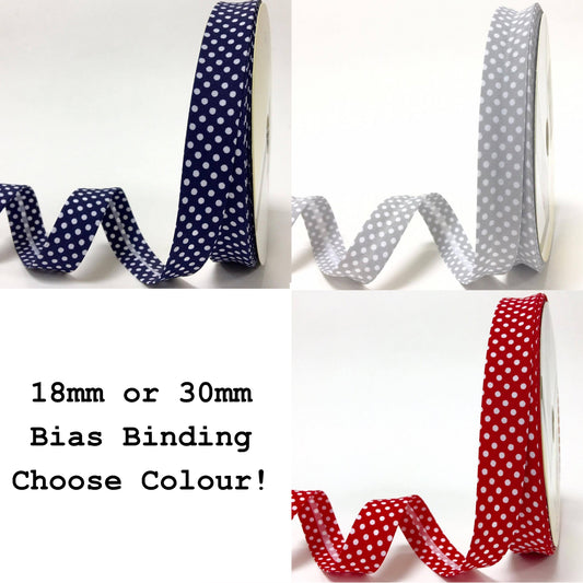 Spot Bias Binding 18mm or 30mm Folded Trim Red Blue Grey & White Sewing Quilting - SweetpeaStore